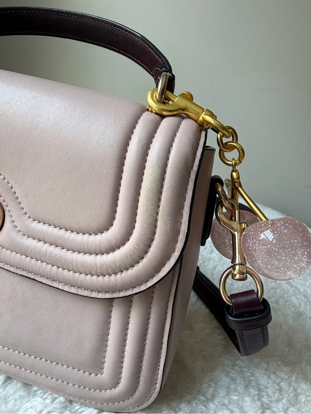 Coach Marlie Top Handle bag  Quilted Leather in pink with charm